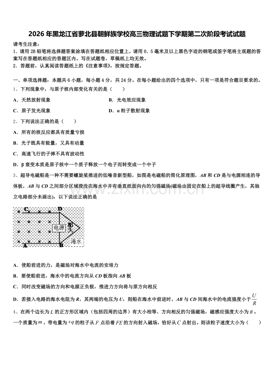 2026年黑龙江省萝北县朝鲜族学校高三物理试题下学期第二次阶段考试试题含解析.doc_第1页