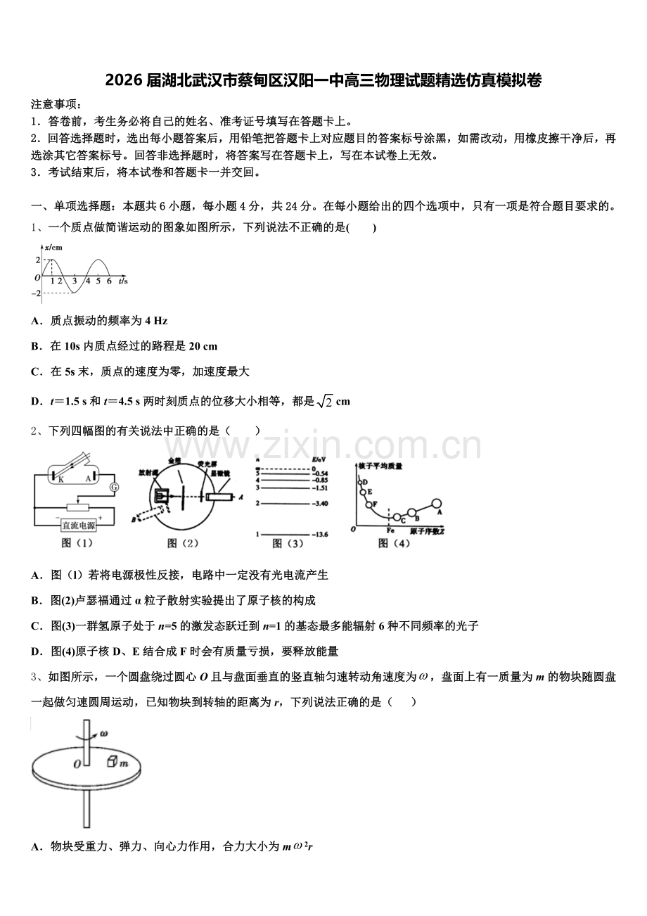 2026届湖北武汉市蔡甸区汉阳一中高三物理试题精选仿真模拟卷含解析.doc_第1页