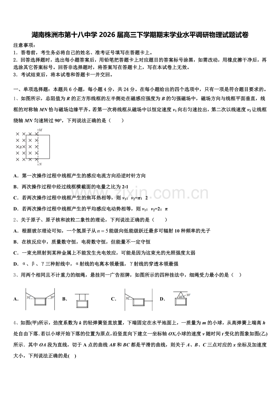 湖南株洲市第十八中学2026届高三下学期期末学业水平调研物理试题试卷含解析.doc_第1页