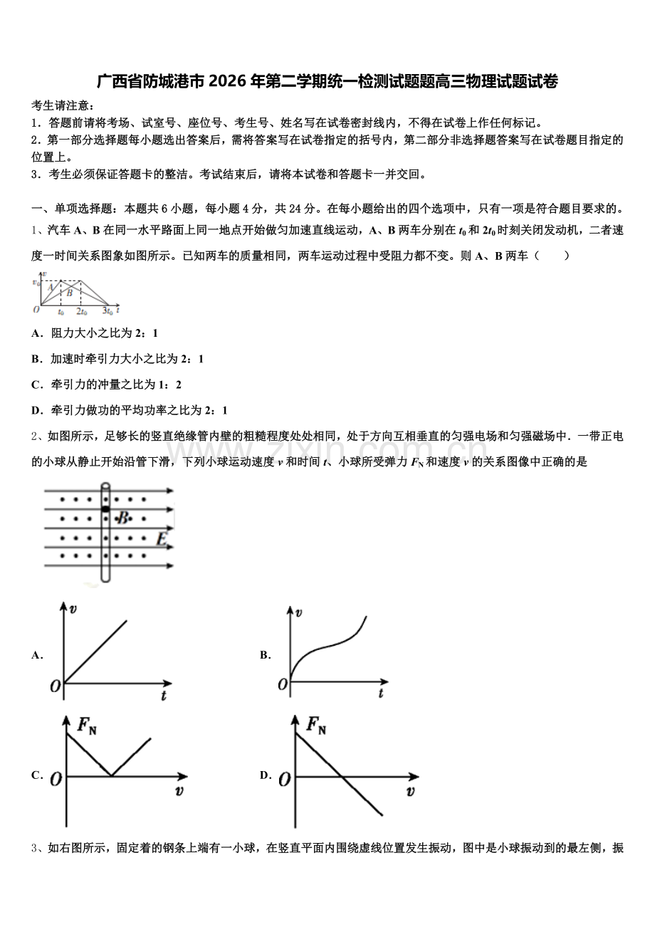 广西省防城港市2026年第二学期统一检测试题题高三物理试题试卷含解析.doc_第1页