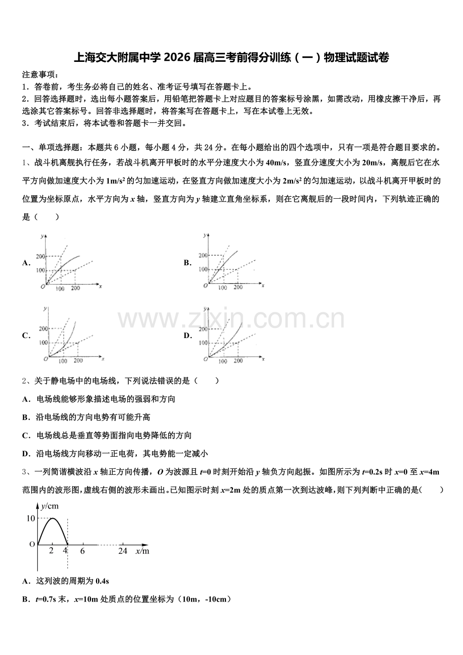 上海交大附属中学2026届高三考前得分训练（一）物理试题试卷含解析.doc_第1页