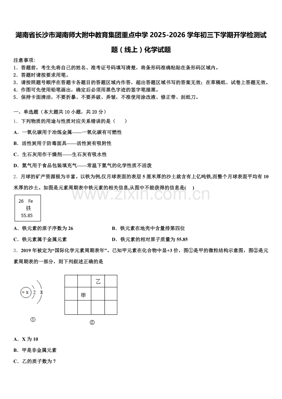 湖南省长沙市湖南师大附中教育集团重点中学2025-2026学年初三下学期开学检测试题（线上）化学试题含解析.doc_第1页
