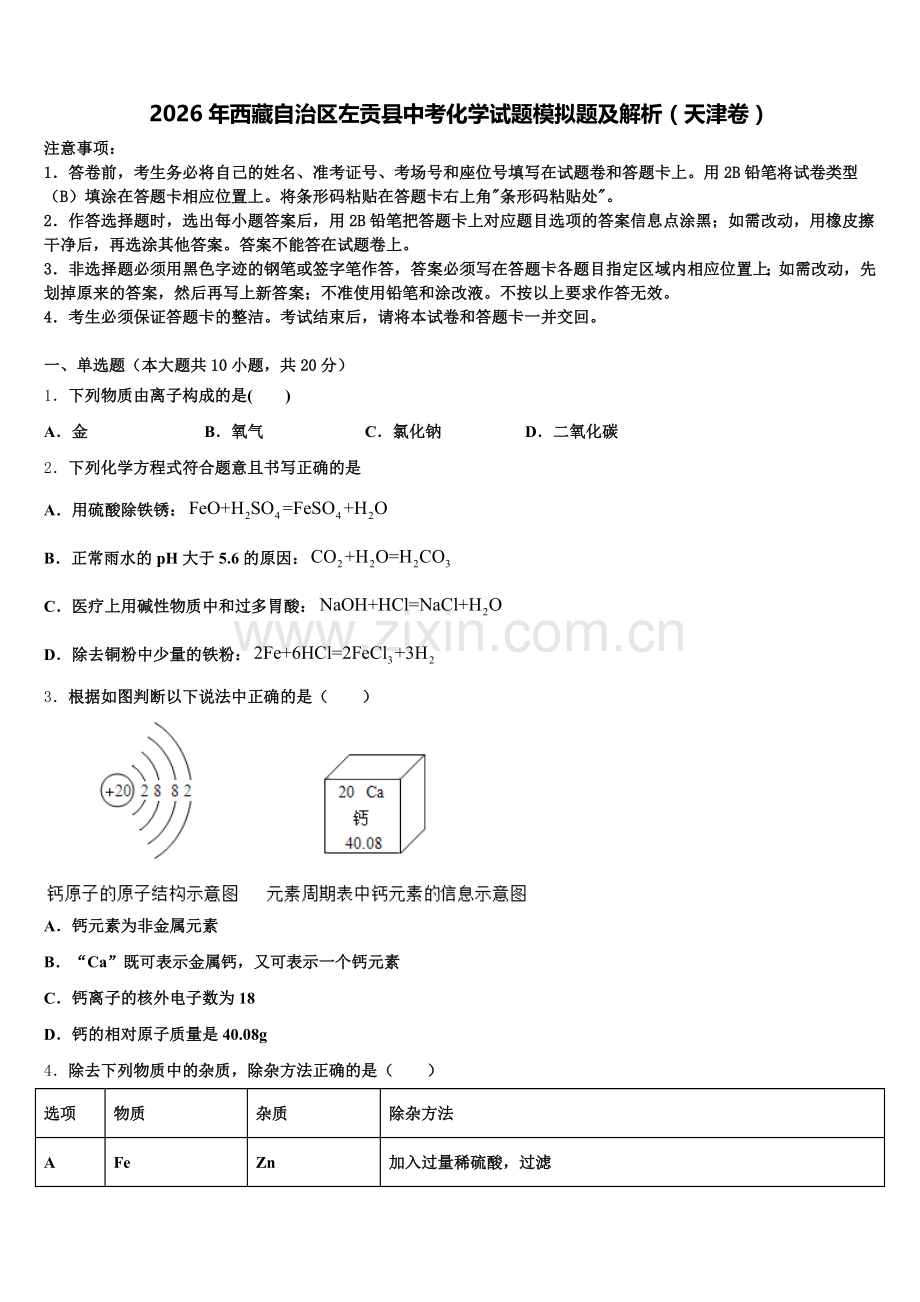 2026年西藏自治区左贡县中考化学试题模拟题及解析（天津卷）含解析.doc_第1页
