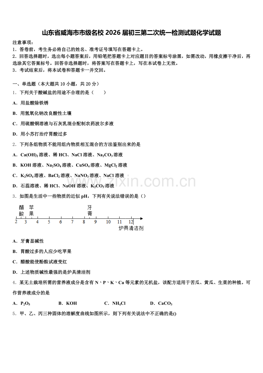 山东省威海市市级名校2026届初三第二次统一检测试题化学试题含解析.doc_第1页