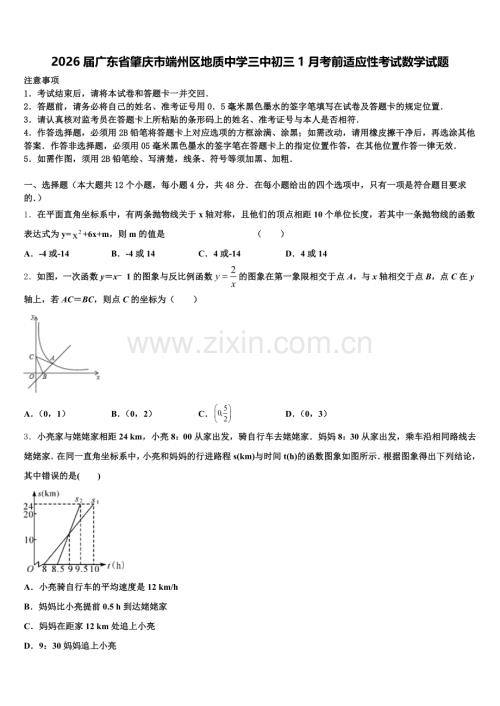 2026届广东省肇庆市端州区地质中学三中初三1月考前适应性考试数学试题含解析.doc