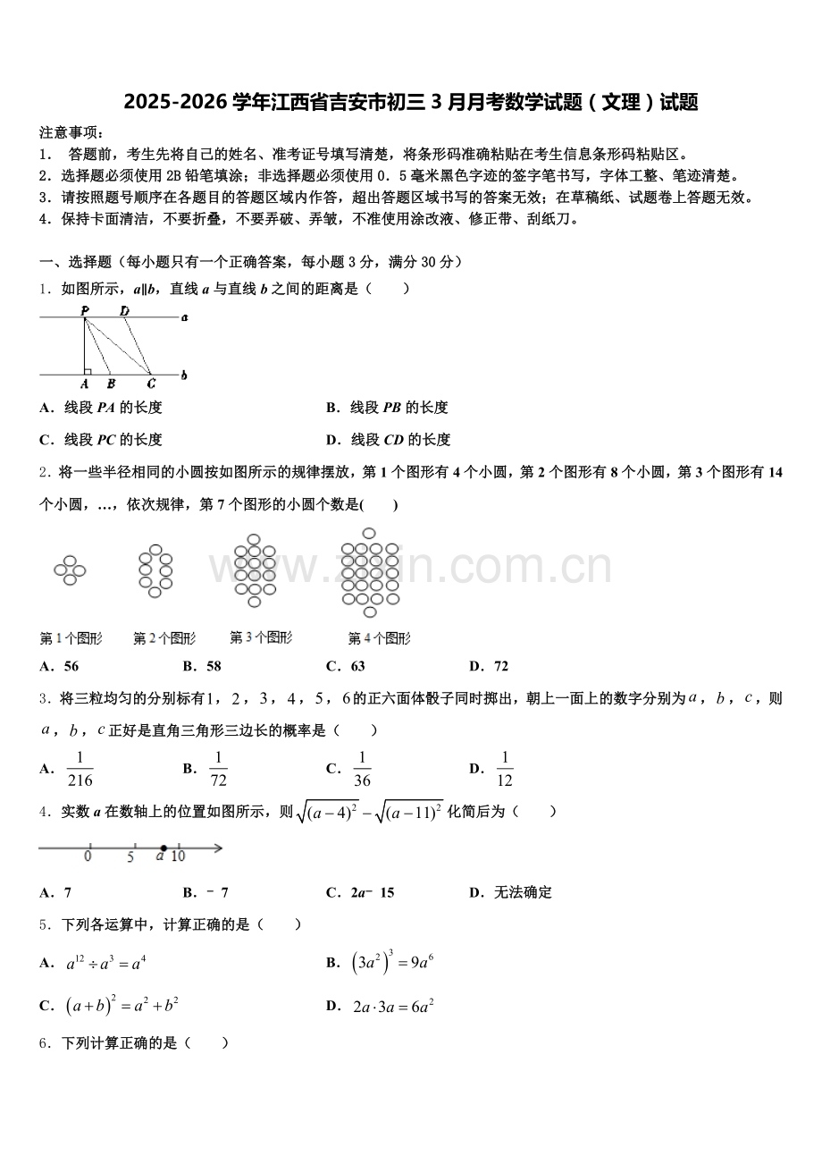 2025-2026学年江西省吉安市初三3月月考数学试题（文理）试题含解析.doc_第1页