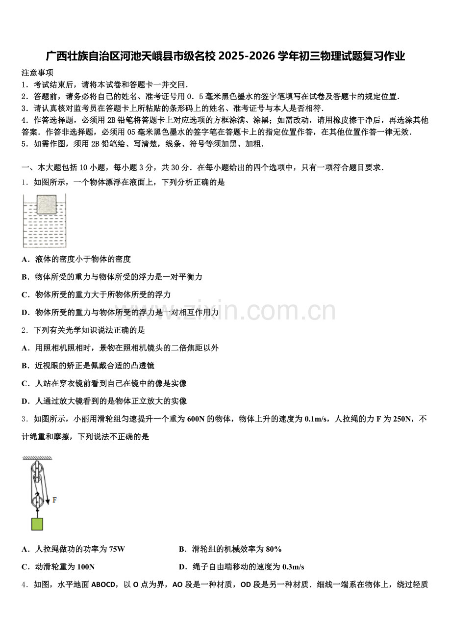 广西壮族自治区河池天峨县市级名校2025-2026学年初三物理试题复习作业含解析.doc_第1页