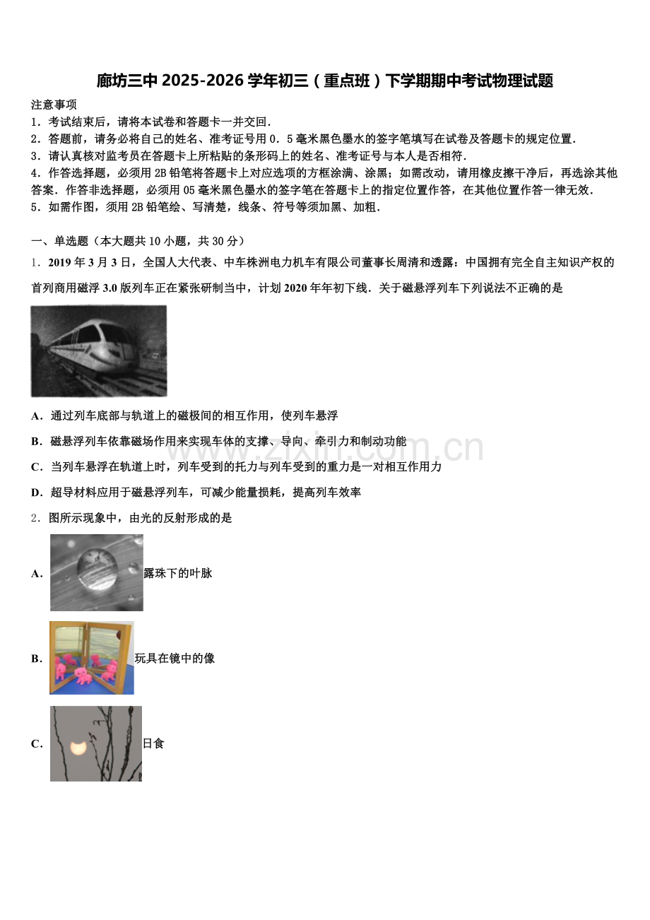 廊坊三中2025-2026学年初三（重点班）下学期期中考试物理试题含解析.doc_第1页