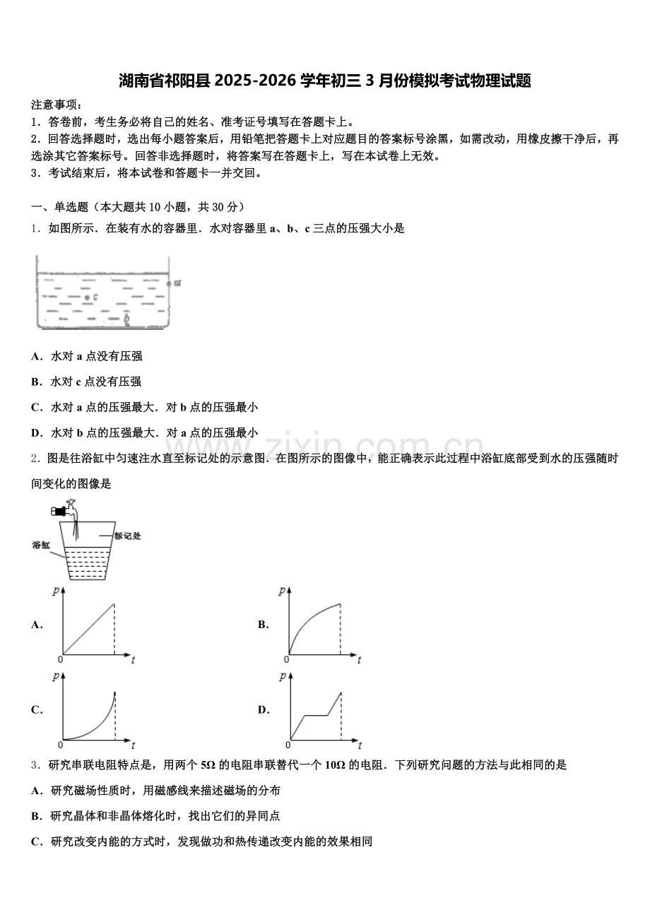 湖南省祁阳县2025-2026学年初三3月份模拟考试物理试题含解析.doc_第1页