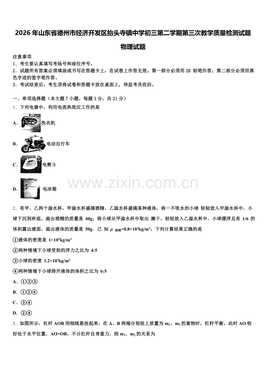 2026年山东省德州市经济开发区抬头寺镇中学初三第二学期第三次教学质量检测试题物理试题含解析.doc_第1页