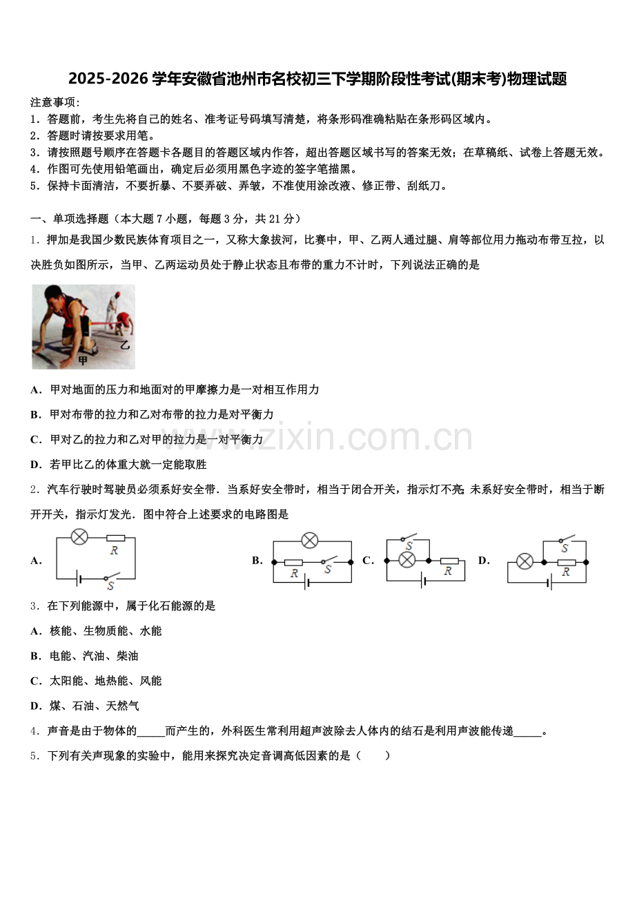 2025-2026学年安徽省池州市名校初三下学期阶段性考试(期末考)物理试题含解析.doc_第1页