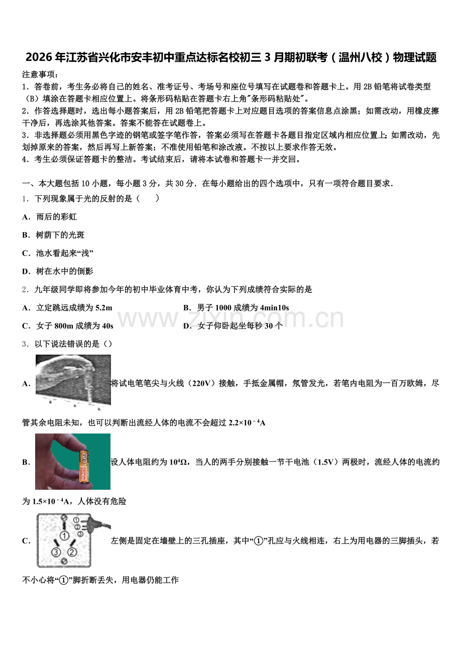 2026年江苏省兴化市安丰初中重点达标名校初三3月期初联考（温州八校）物理试题含解析.doc_第1页