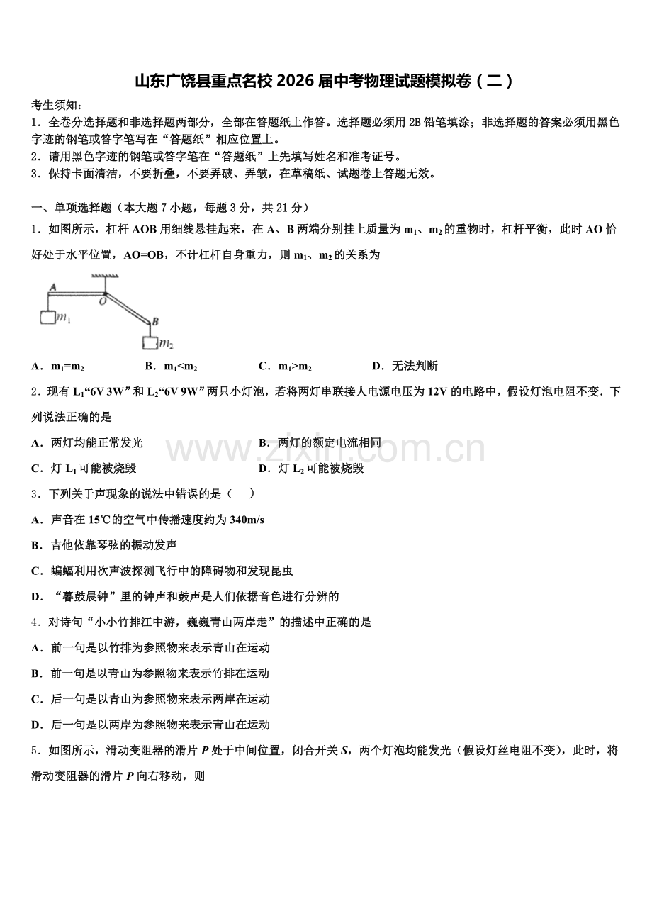 山东广饶县重点名校2026届中考物理试题模拟卷（二）含解析.doc_第1页