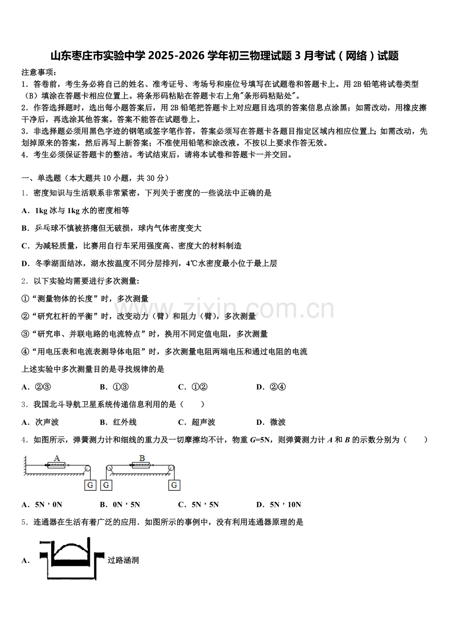 山东枣庄市实验中学2025-2026学年初三物理试题3月考试（网络）试题含解析.doc_第1页