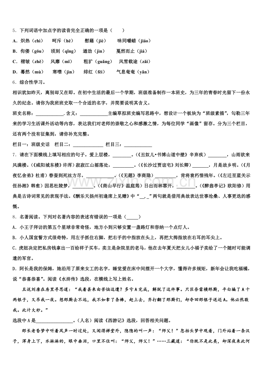 浙江省瑞安市重点名校2026届初三下学期第二次阶段性过关考试语文试题含解析.doc_第2页