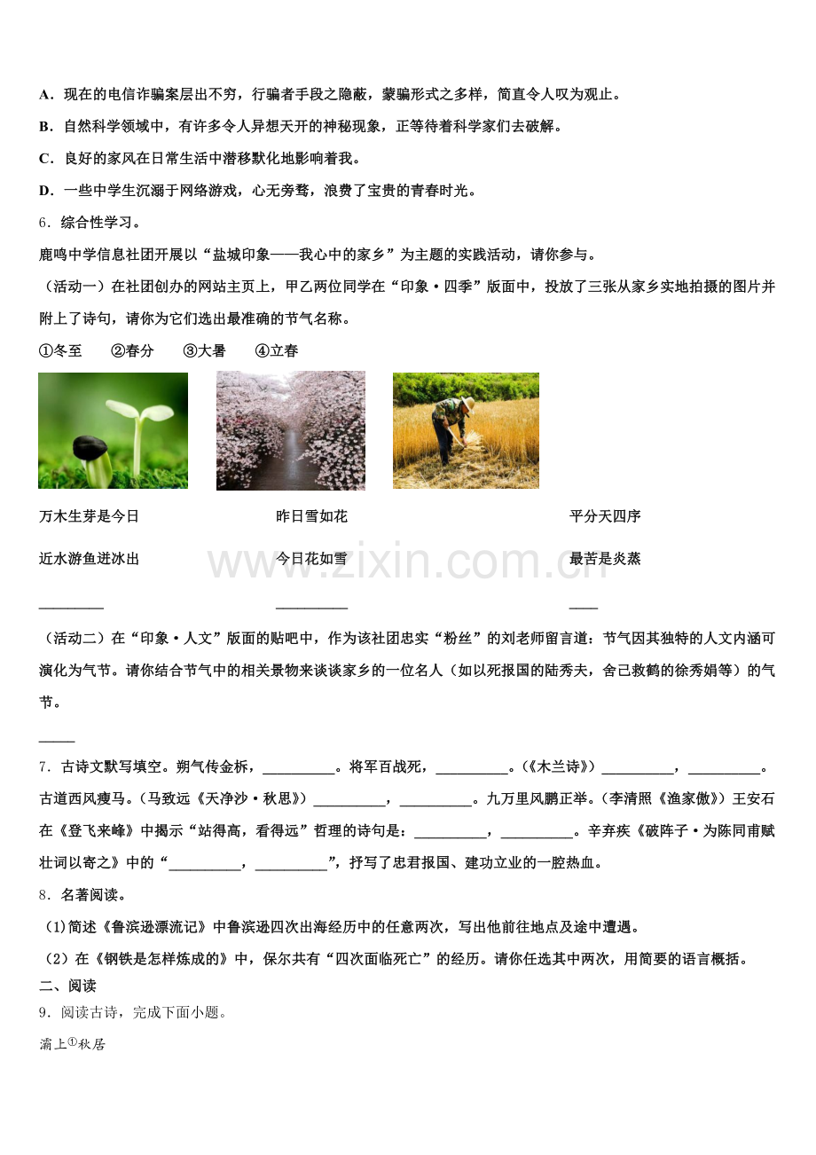 江苏省南京市金陵中学2025-2026学年初三下学期第二次诊断性测试语文试题含解析.doc_第2页