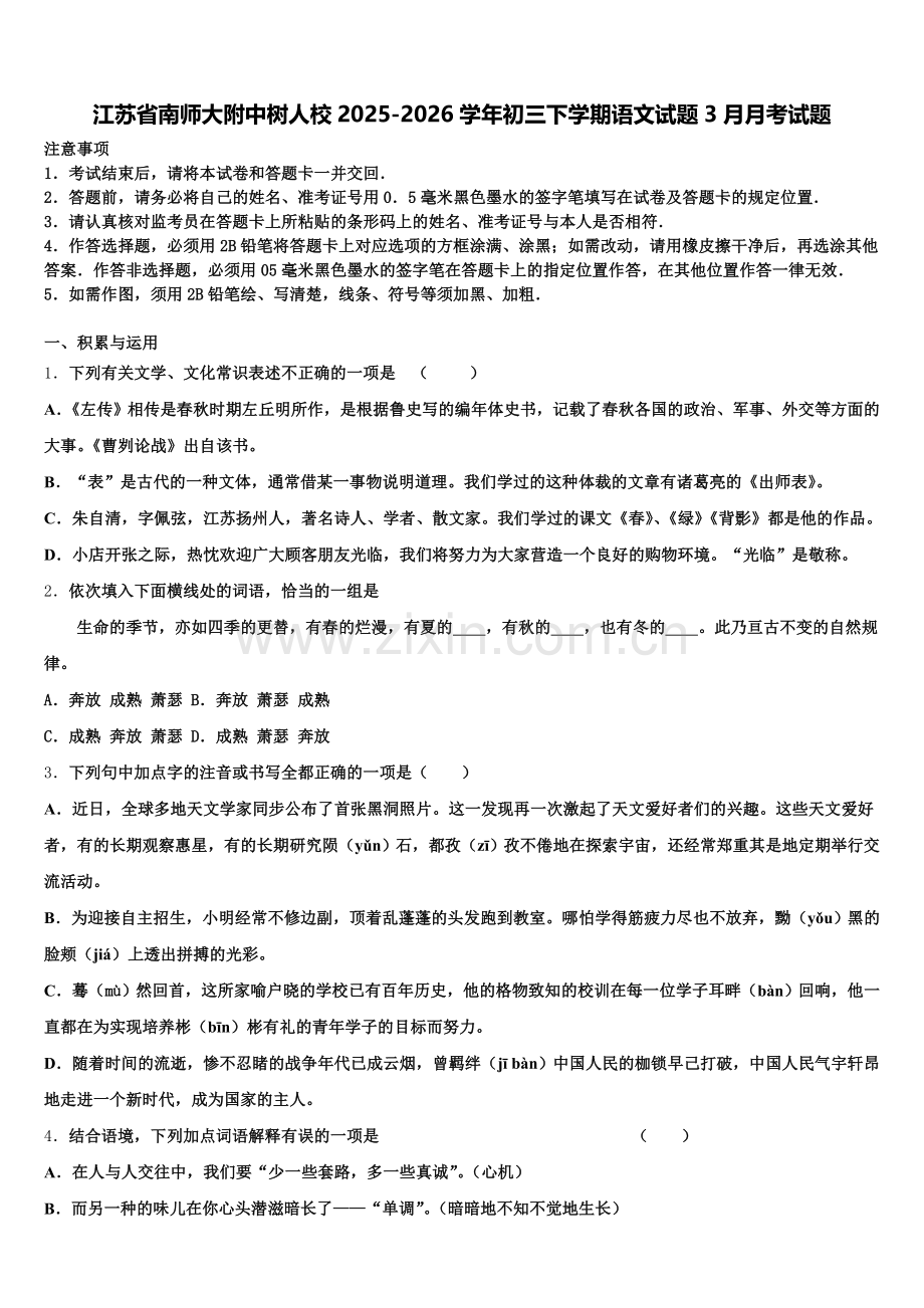 江苏省南师大附中树人校2025-2026学年初三下学期语文试题3月月考试题含解析.doc_第1页