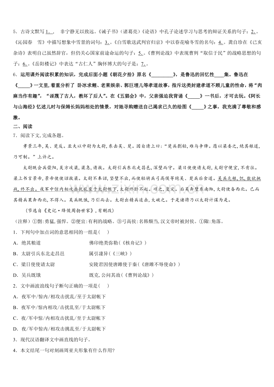 吉林省长春市朝阳区东北师大附中2026届初三（重点班）下学期期末考试语文试题试卷含解析.doc_第2页