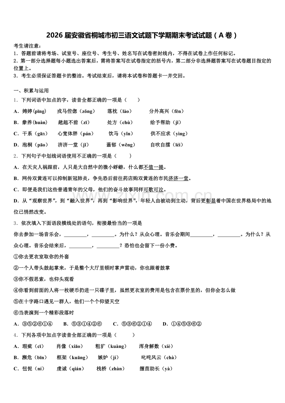 2026届安徽省桐城市初三语文试题下学期期末考试试题（A卷）含解析.doc_第1页