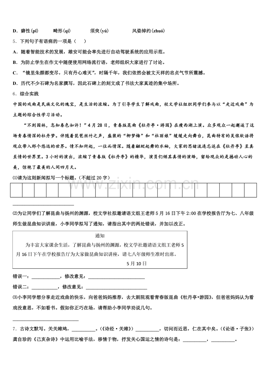 2026届安徽省桐城市初三语文试题下学期期末考试试题（A卷）含解析.doc_第2页
