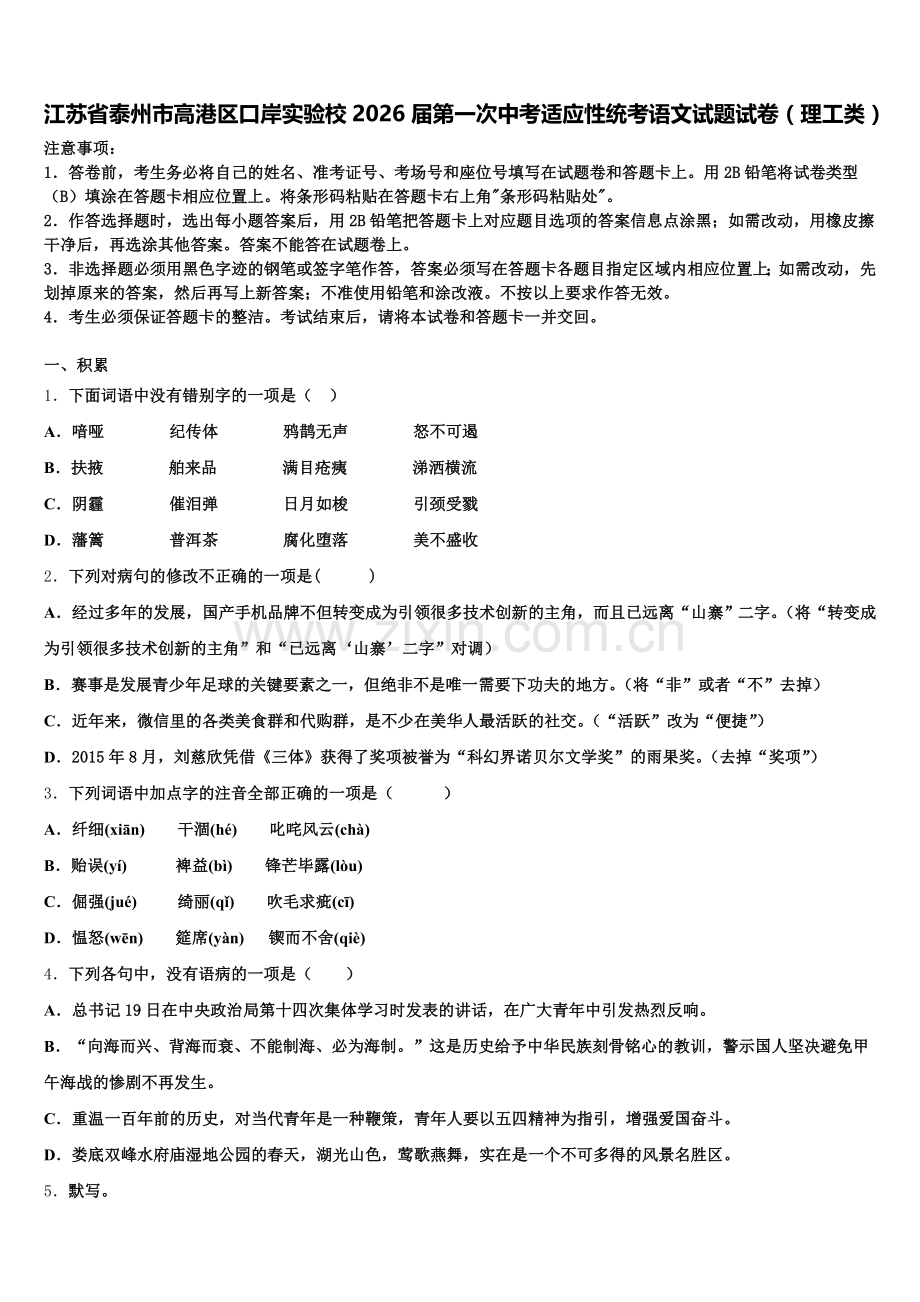 江苏省泰州市高港区口岸实验校2026届第一次中考适应性统考语文试题试卷（理工类）含解析.doc_第1页