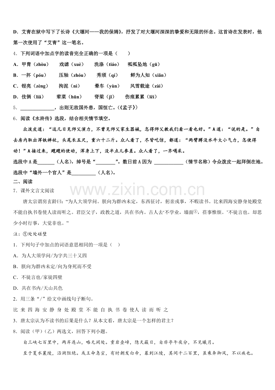山东省诸城市桃林镇桃林2026届秋初三（上）期末测试卷语文试题试卷含解析.doc_第2页