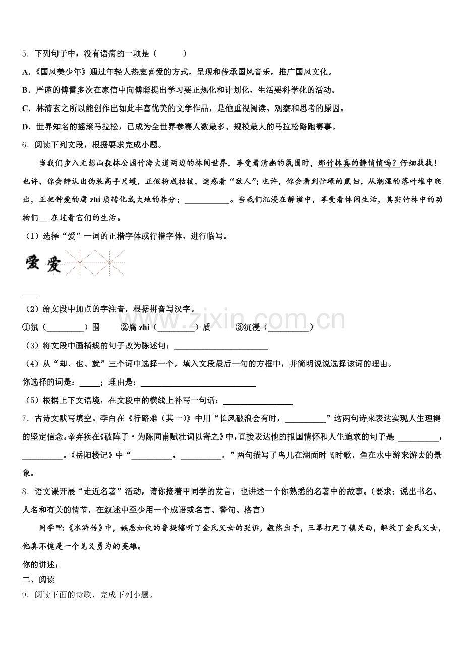 宁夏石嘴山市星海中学2025-2026学年初三下学期九月月考语文试题含解析.doc_第2页