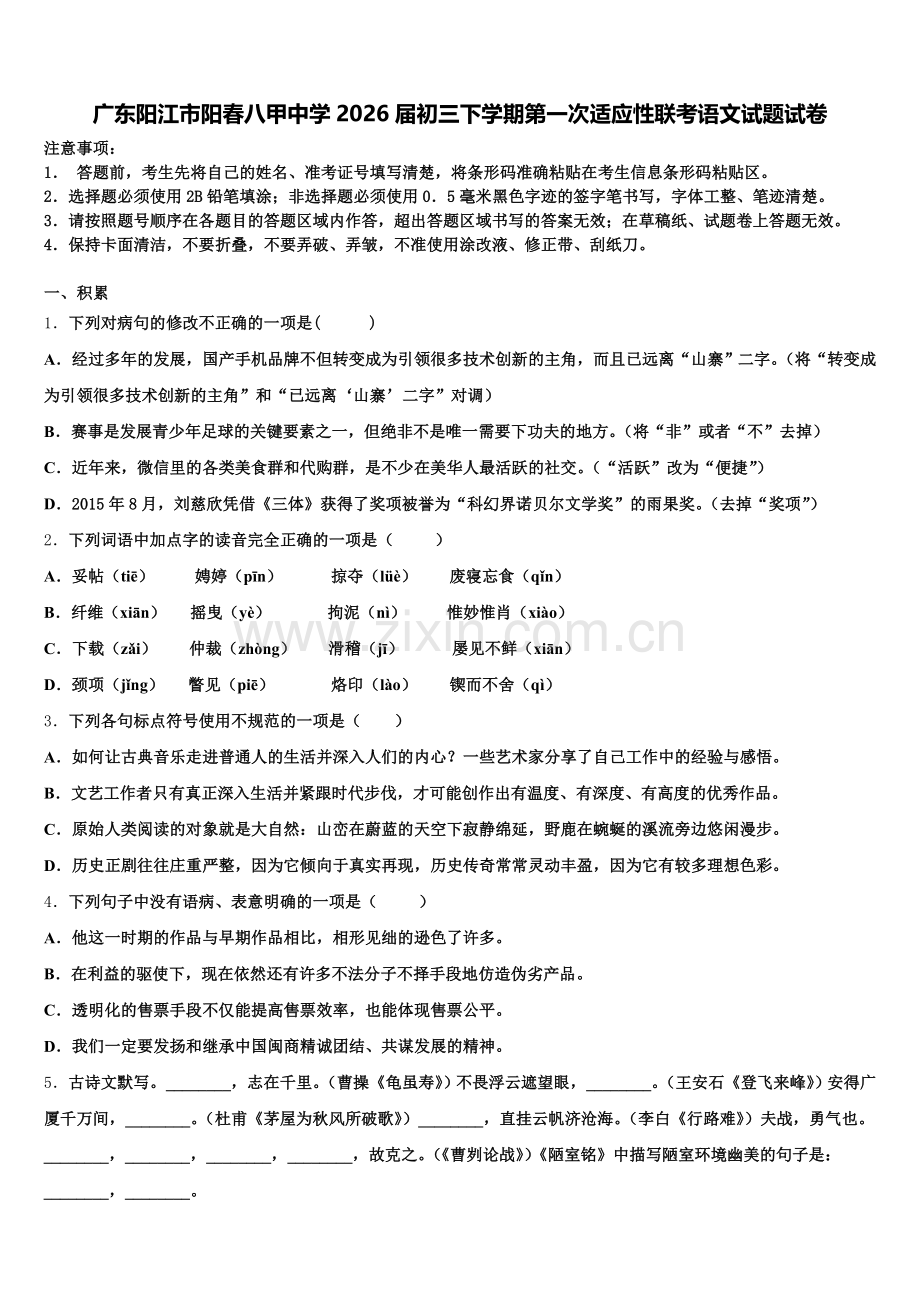 广东阳江市阳春八甲中学2026届初三下学期第一次适应性联考语文试题试卷含解析.doc_第1页