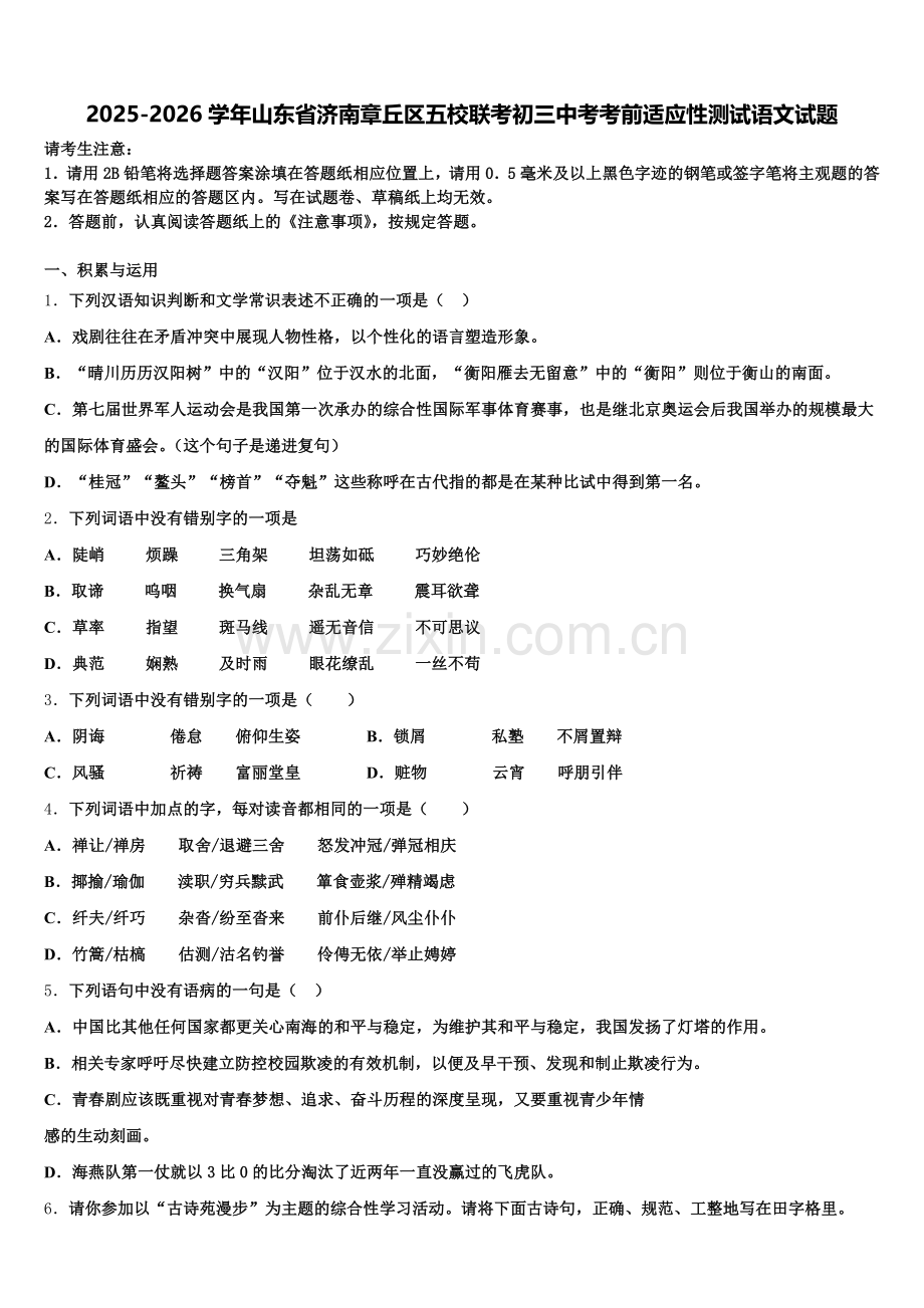 2025-2026学年山东省济南章丘区五校联考初三中考考前适应性测试语文试题含解析.doc_第1页