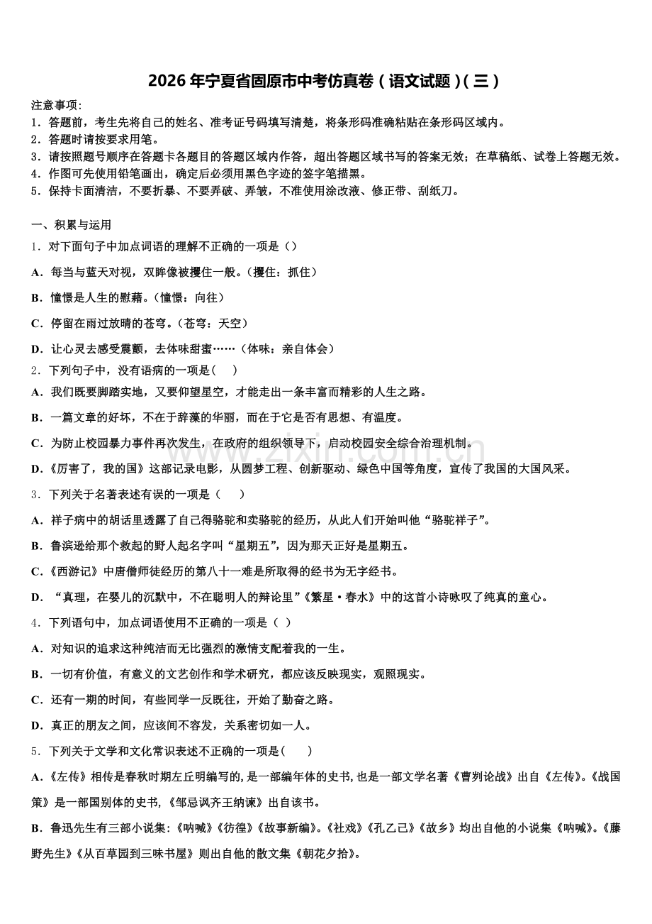 2026年宁夏省固原市中考仿真卷（语文试题）（三）含解析.doc_第1页