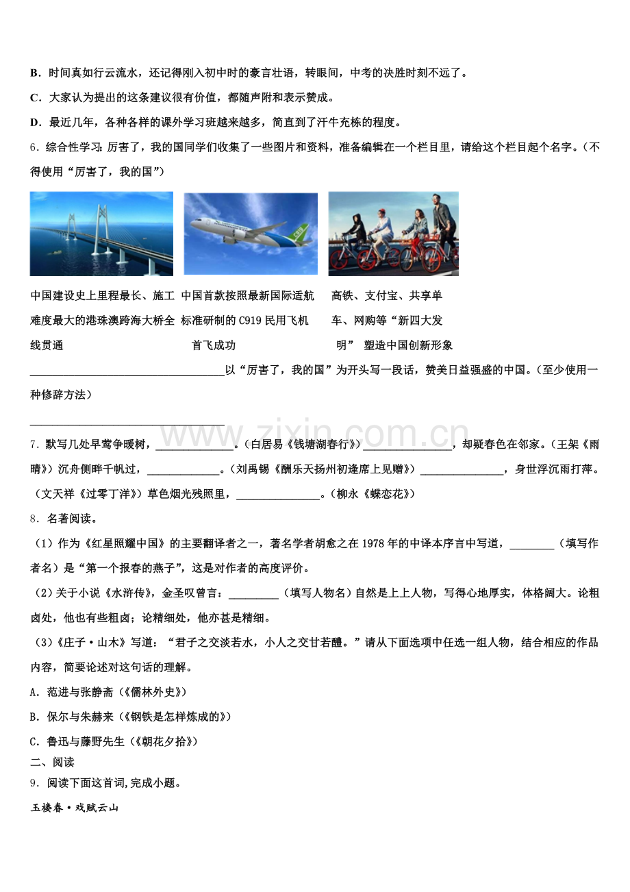 2025-2026学年山东省平原县下学期初三语文试题第三次适应性考试试卷含解析.doc_第2页