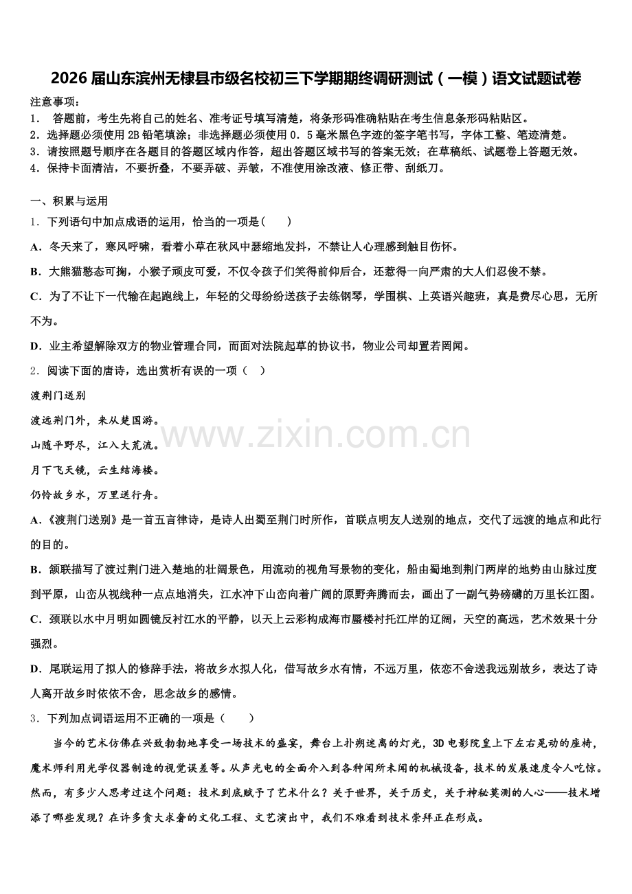 2026届山东滨州无棣县市级名校初三下学期期终调研测试（一模）语文试题试卷含解析.doc_第1页
