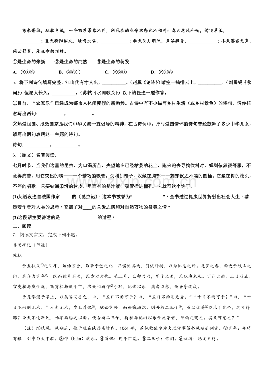 2026届陕西省西安市（师大附中）重点名校初三下学期第三次阶段检测试题语文试题含解析.doc_第2页