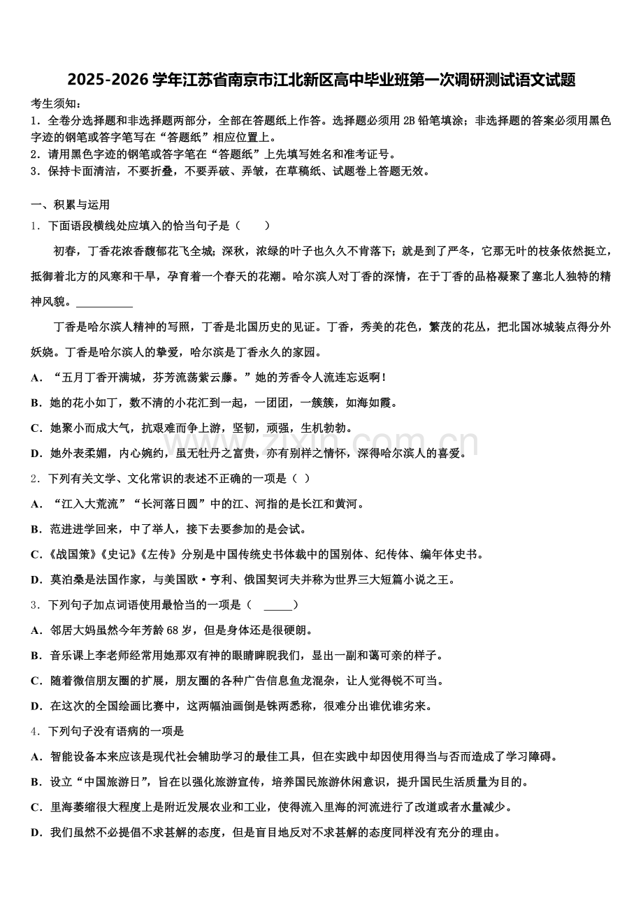2025-2026学年江苏省南京市江北新区高中毕业班第一次调研测试语文试题含解析.doc_第1页