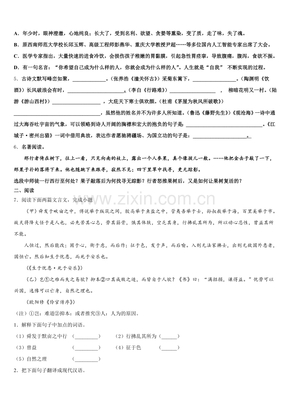 广东省金平区六校联考2026年新中考语文试题一轮复习专题跟踪检测试题含解析.doc_第2页