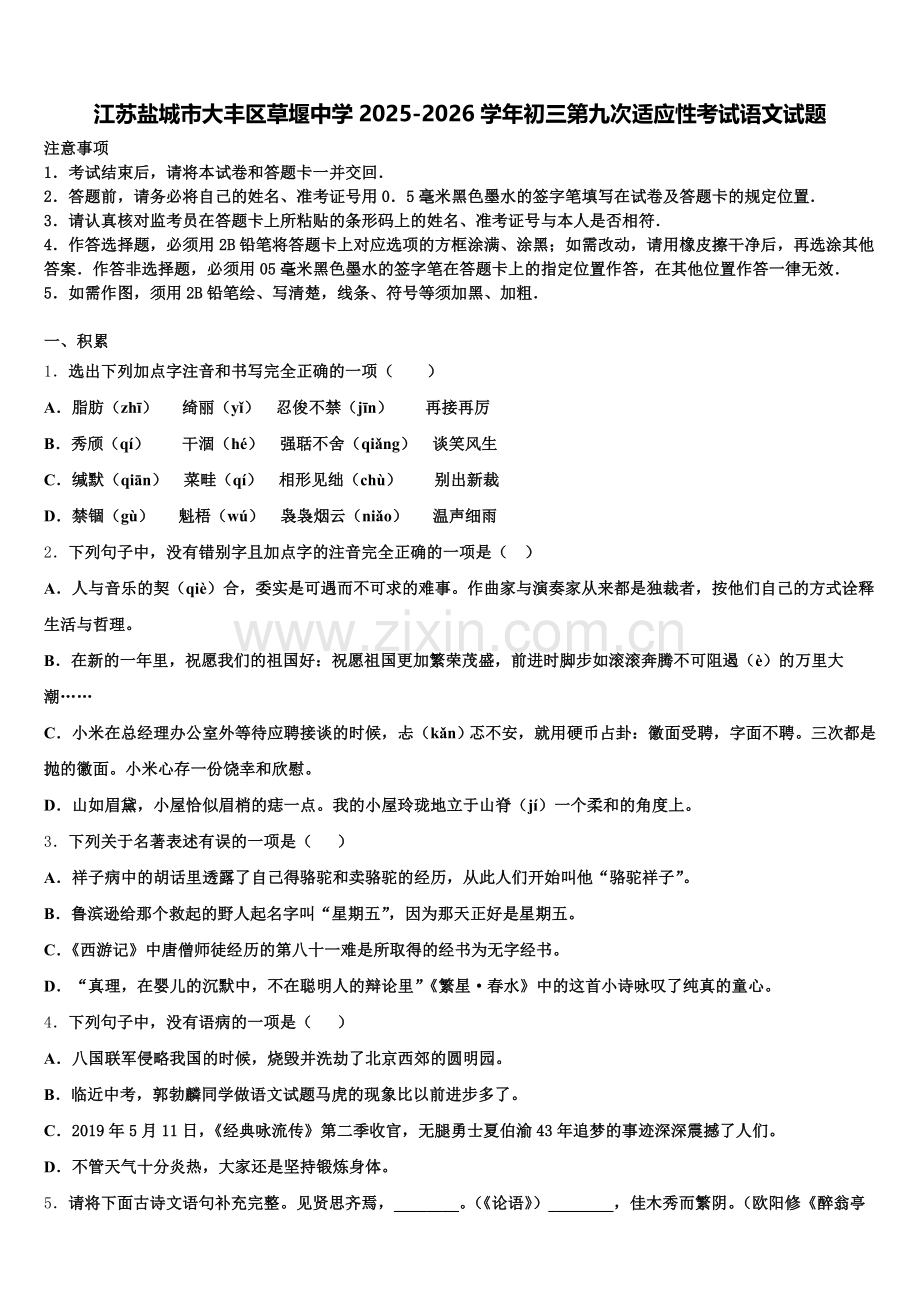 江苏盐城市大丰区草堰中学2025-2026学年初三第九次适应性考试语文试题含解析.doc_第1页