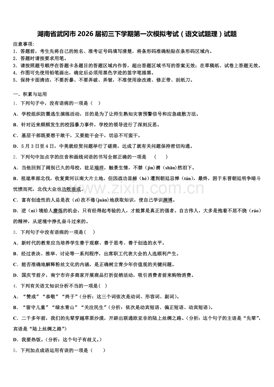 湖南省武冈市2026届初三下学期第一次模拟考试（语文试题理）试题含解析.doc_第1页