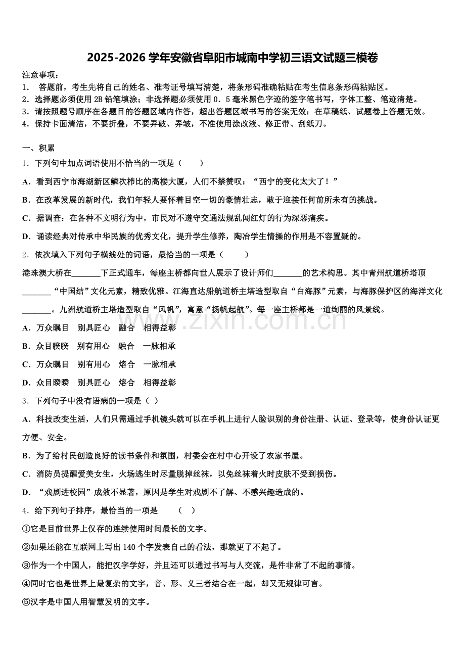 2025-2026学年安徽省阜阳市城南中学初三语文试题三模卷含解析.doc_第1页
