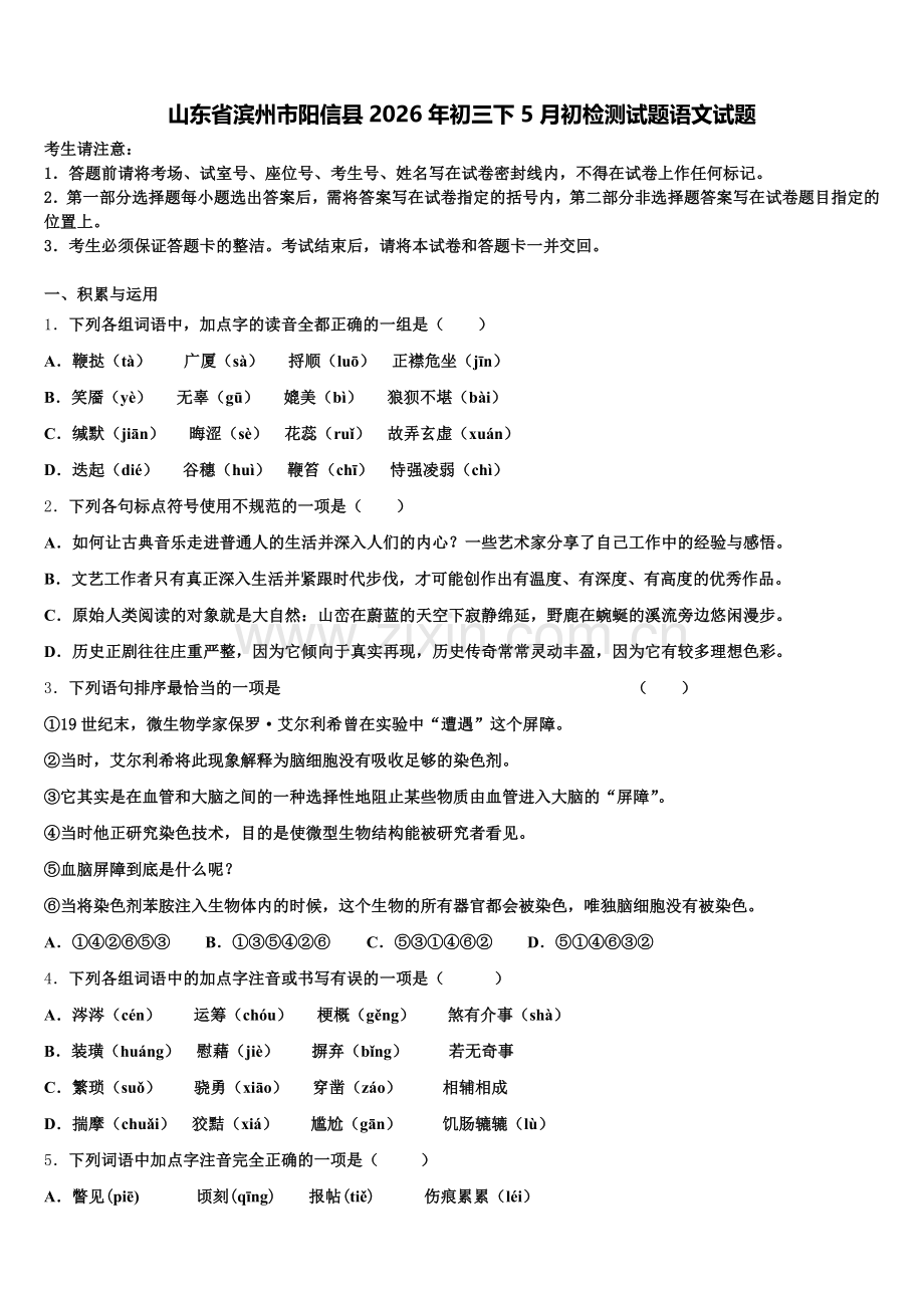 山东省滨州市阳信县2026年初三下5月初检测试题语文试题含解析.doc_第1页