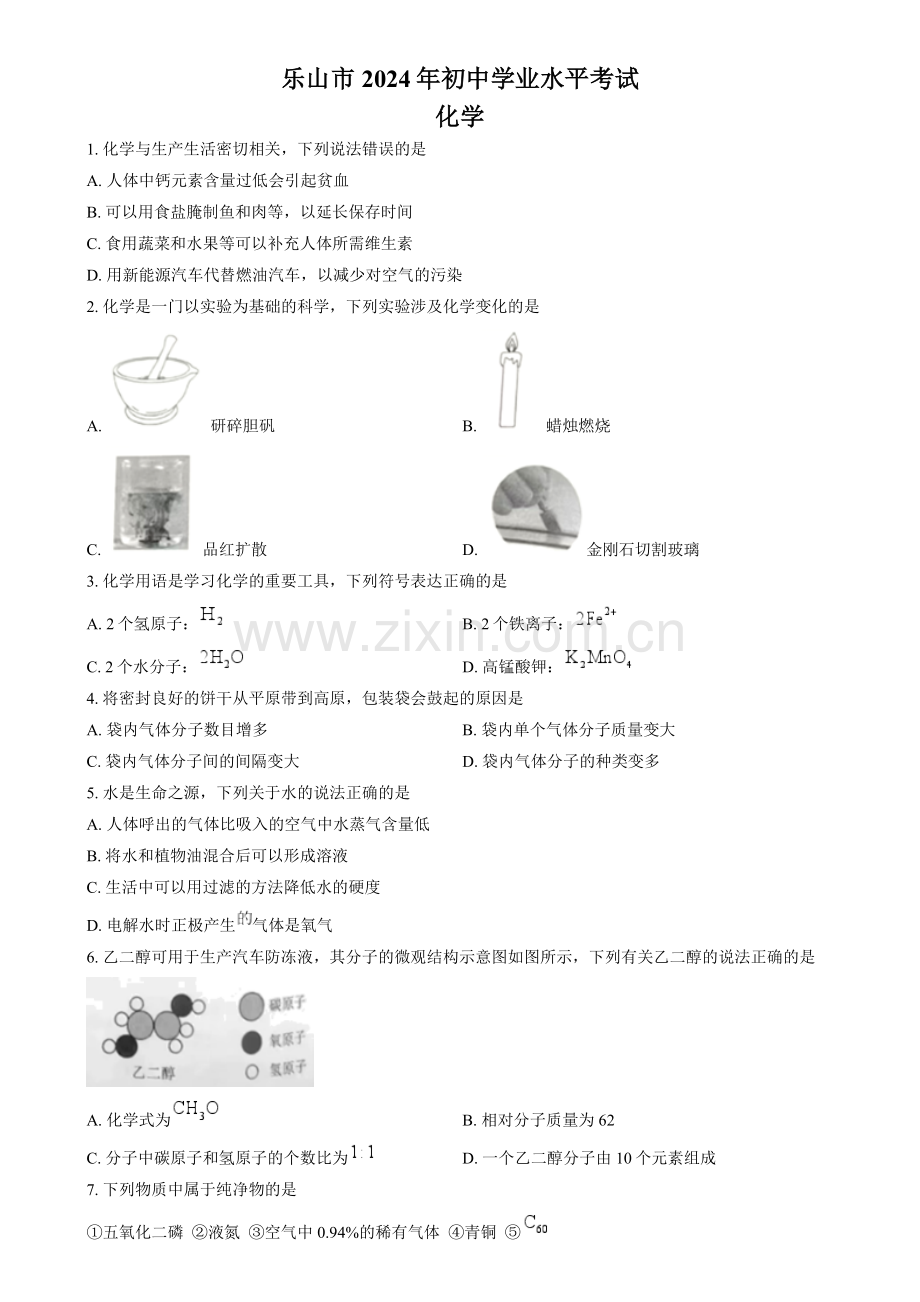 2024年四川省乐山市中考化学真题（含答案）.docx_第1页