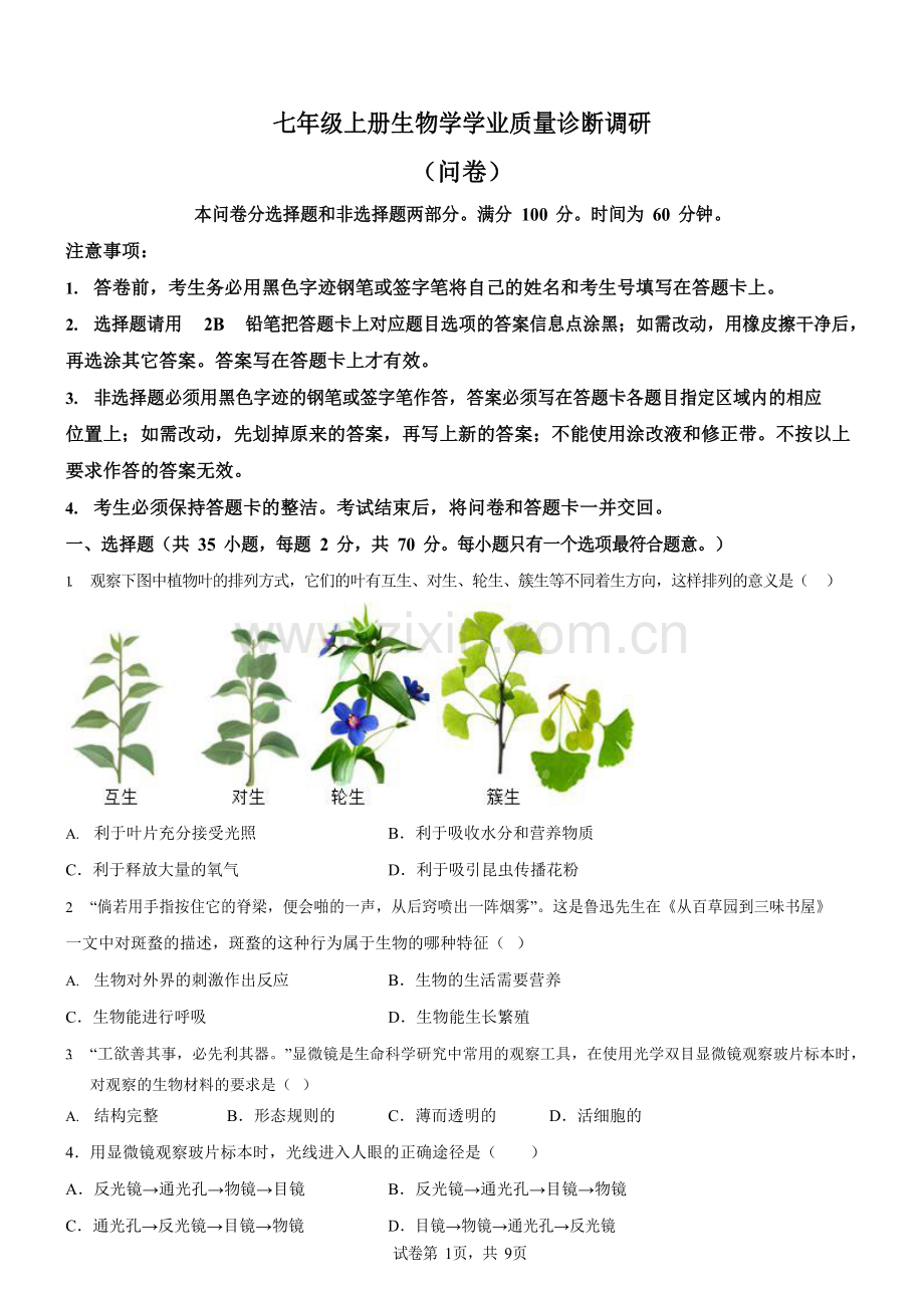 广东省广州市白云区2024-2025学年七年级上学期期末生物试题（含答案）.docx_第1页