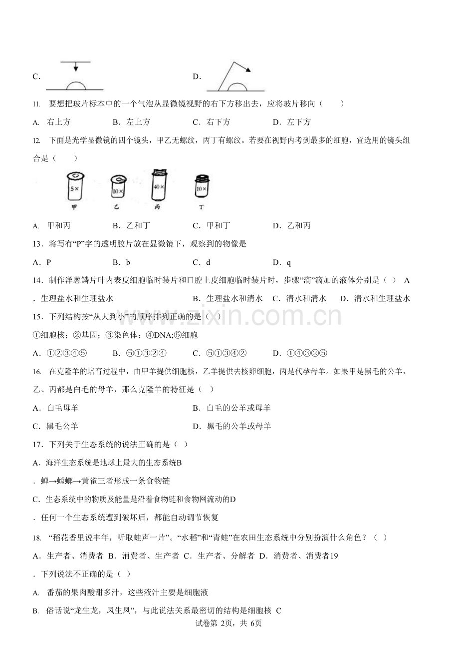 广州市花都区黄广学校2022-2023学年七年级上学期期中考试生物试卷（含答案）.docx_第2页