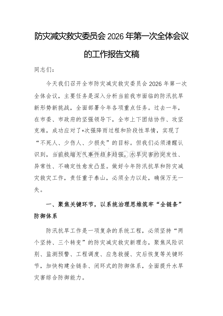 防灾减灾救灾委员会2026年第一次全体会议的工作报告文稿.docx_第1页