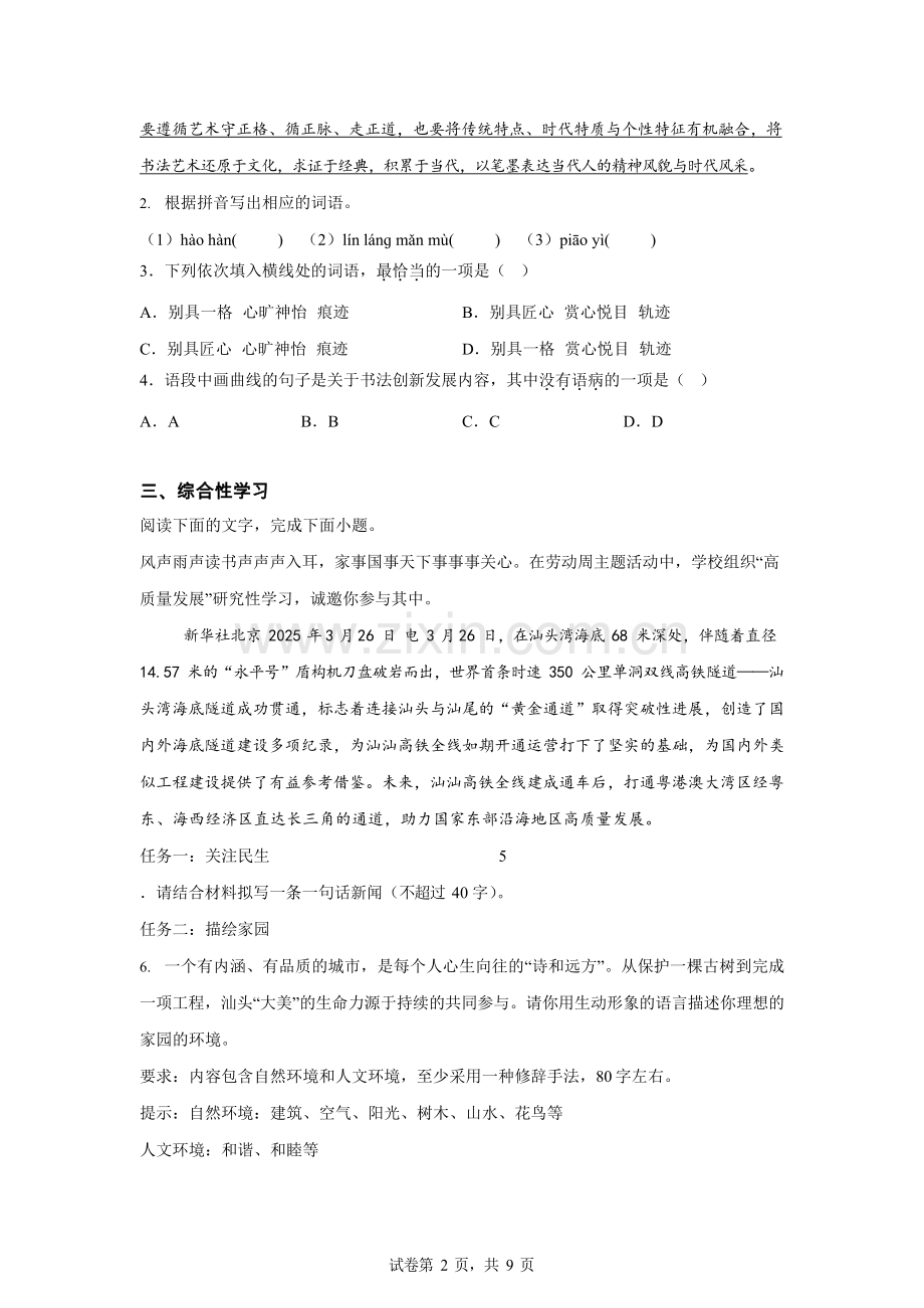 2025年广东省湛江市雷州市第五中学集团中考三模语文试题（含答案）.docx_第2页