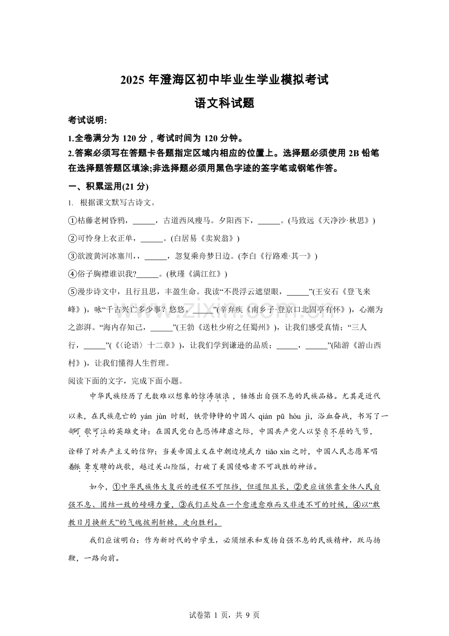 2025年广东省汕头市澄海区中考一模语文试题（含答案）.docx_第1页
