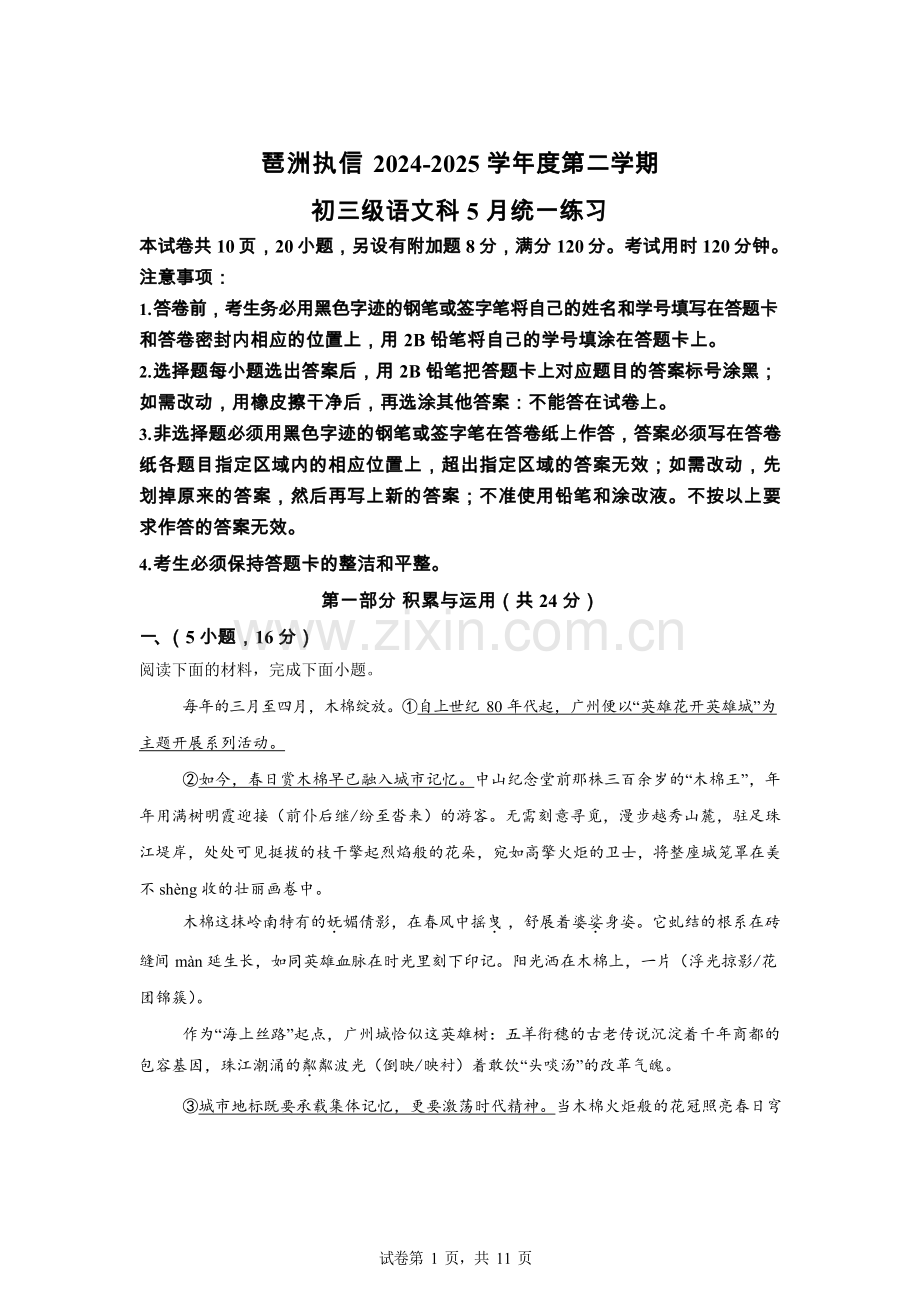 2025年广东省广州市执信中学琶洲实验学校中考二模语文试题（含答案）.docx_第1页