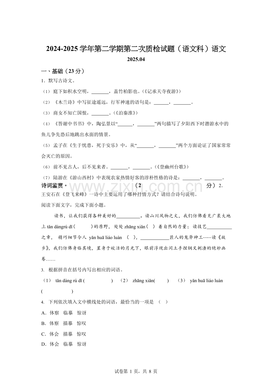 2025年广东省梅州市兴宁市实验学校、兴宁市宁江中学中考二模语文试题（含答案）.docx_第1页
