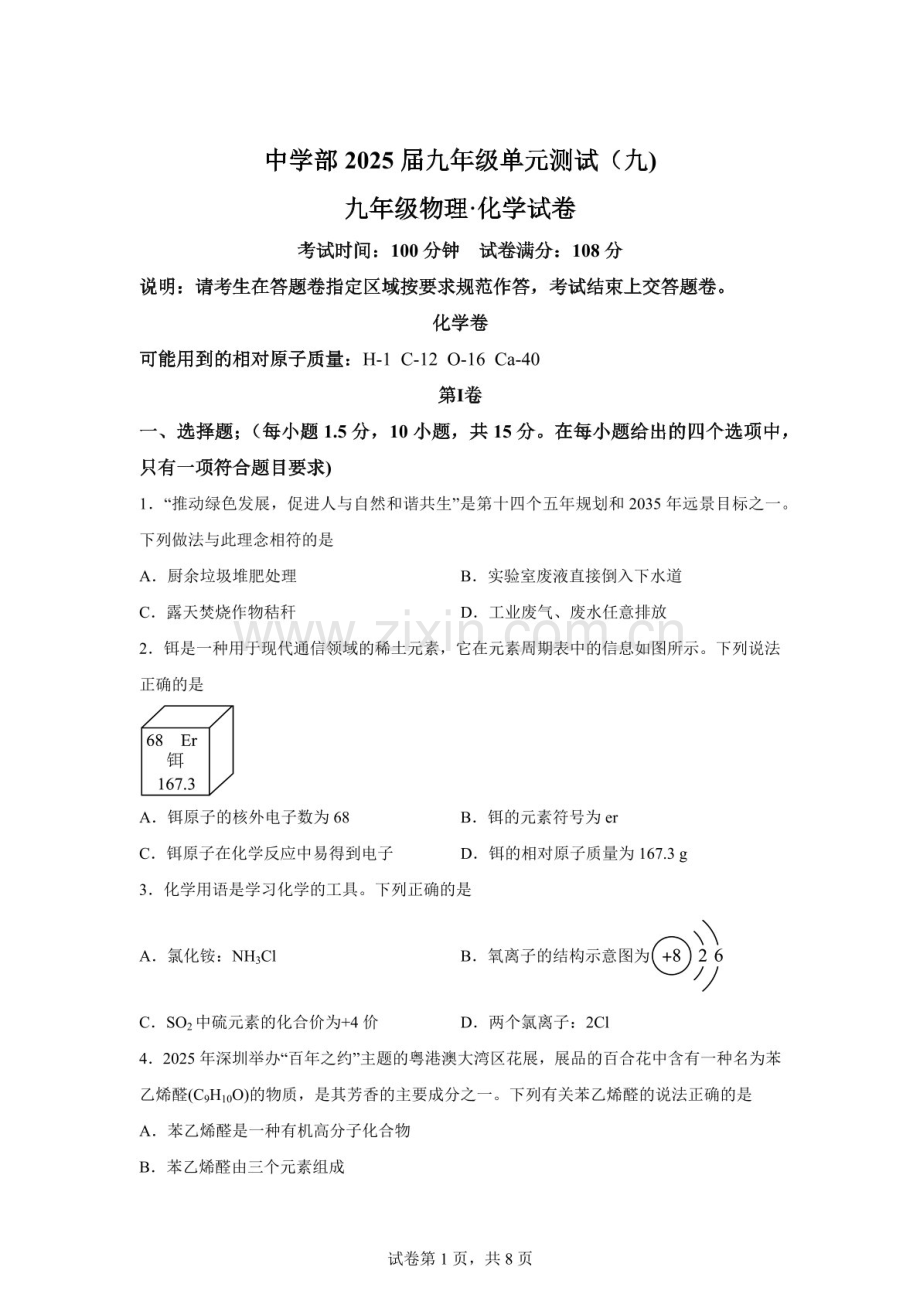 广东省深圳市实验学校2025年6月九年级下册物理化学测试卷-初中化学（含答案）.docx_第1页
