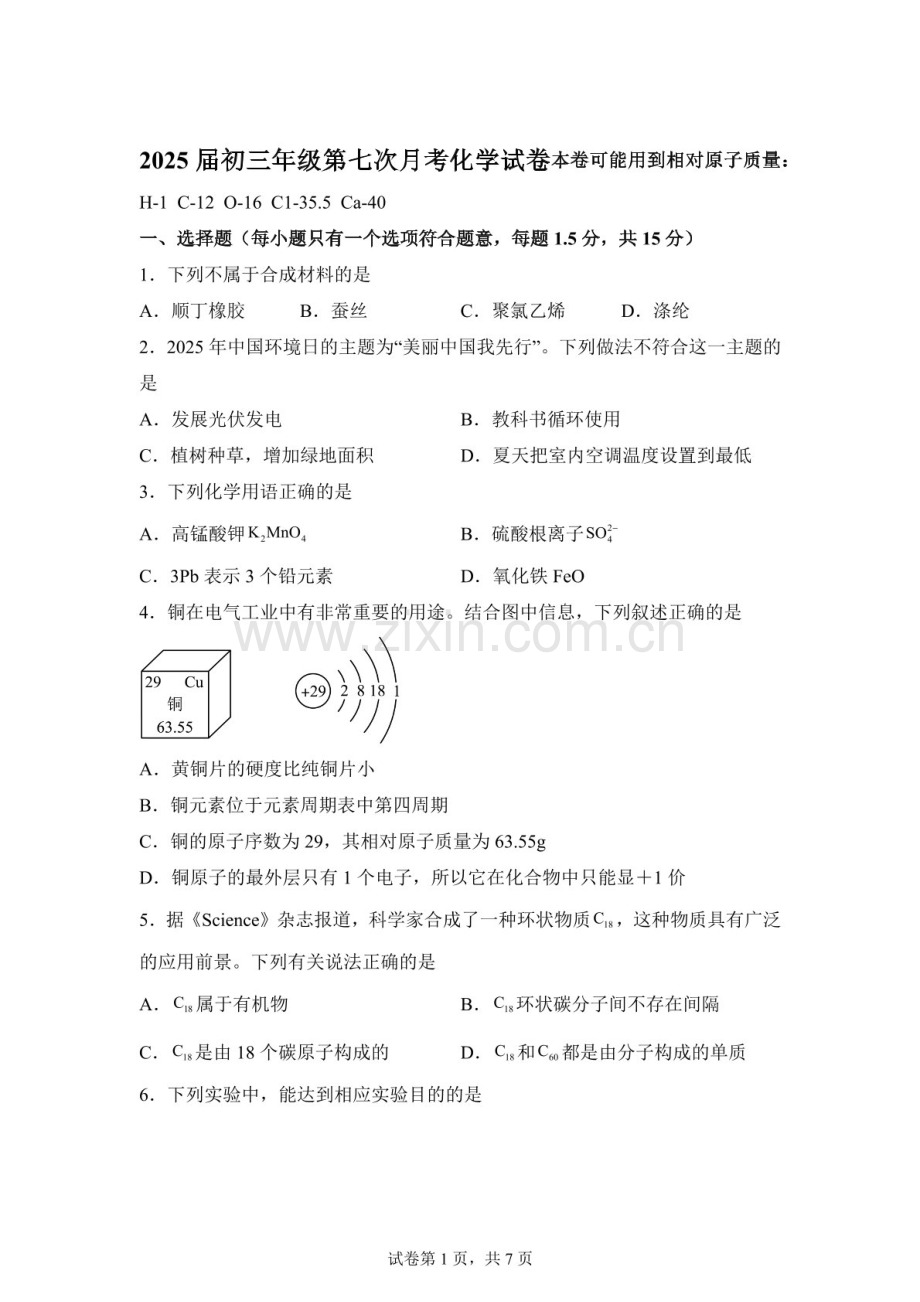 广东省深圳市深圳外国语2025年6月九年级第七次月考物理化学试卷-初中化学（含答案）.docx_第1页