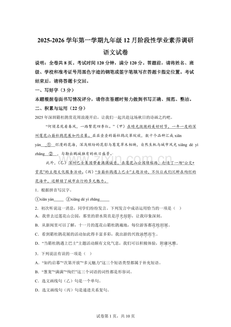 广东省深圳市龙华区新华中学教育集团2025-2026学年九年级上学期12月月考语文试题（含答案）.docx_第1页